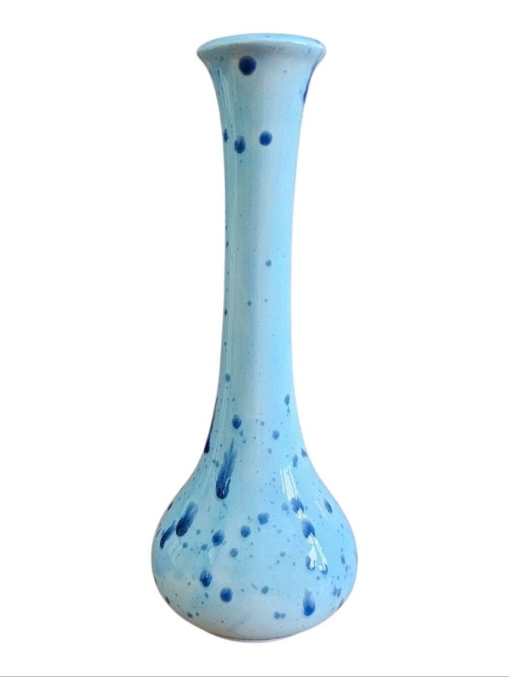 Small Handpainted Single Flower Bud Vase Vintage Ceramic Blue Spatter Glazed MCM